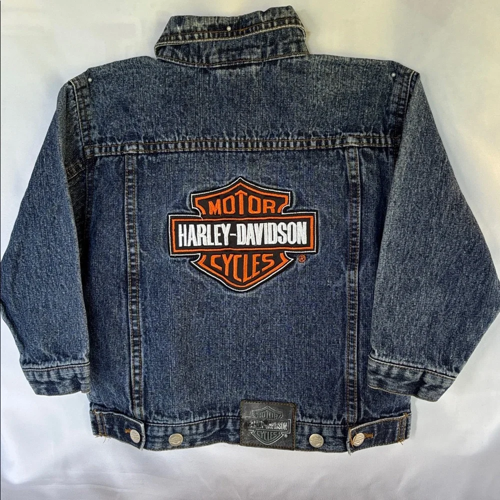 VINTAGE LIKE NEW! HARLEY-DAVIDSON DENIM BLUE JEANS JACKET & HEADWRAP SIZE 4T - Picture 1 of 16